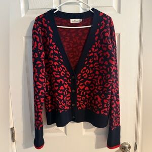 Vineyard Vines Red and Navy Blue Leopard Heavy Cardigan